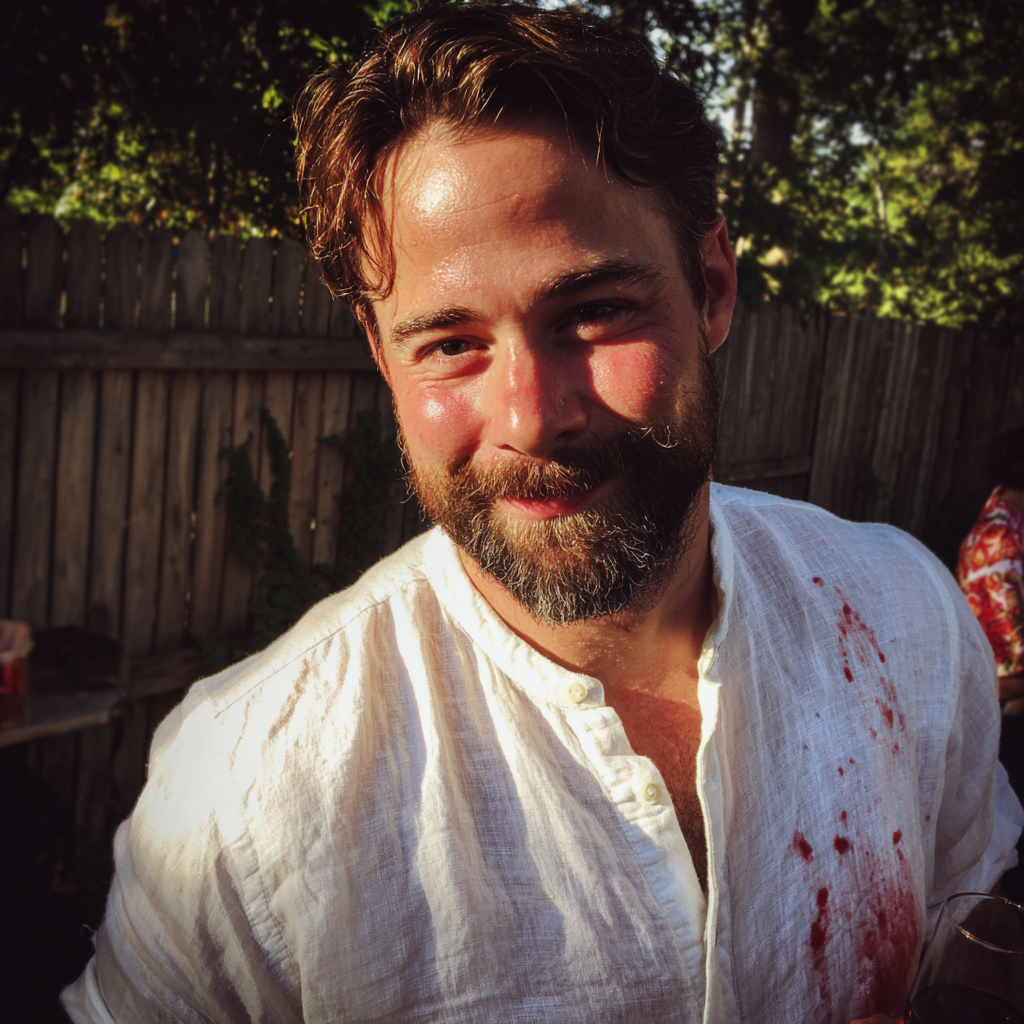 A smiling man with wine on his shirt | Source: Midjourney