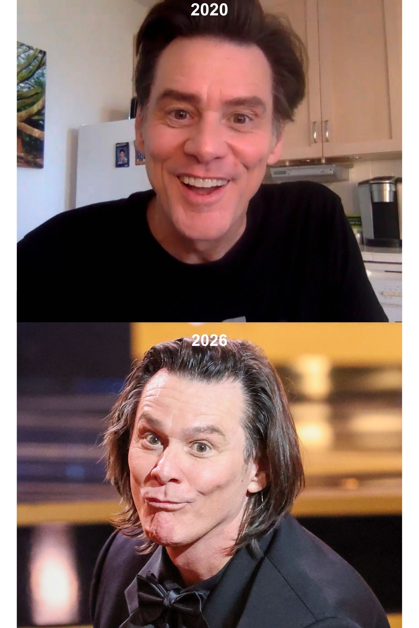 Two photos showing Jim Carrey; the one above was taken during a Season 7 episode of "The Tonight Show Starring Jimmy Fallon" in 2020 and the one below was taken at the 51st Cesar Film Awards in 2026. | Source: Getty Images