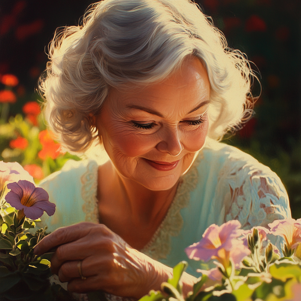 A smiling older woman tending to petunias in her garden | Source: Midjourney