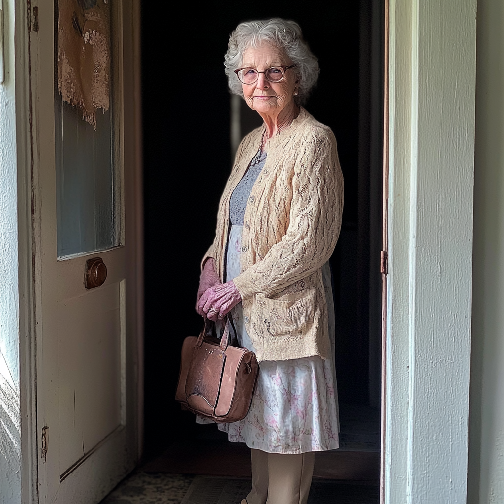 An elderly woman standing in a doorway | Source: Midjourney