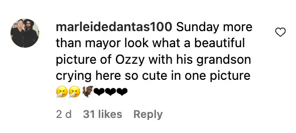 A screenshot of a comment talking about Sharon Osbourne's photo of Ozzy Osbourne and their grandson posted on September 4, 2023 | Source: Instagram/sharonosbourne