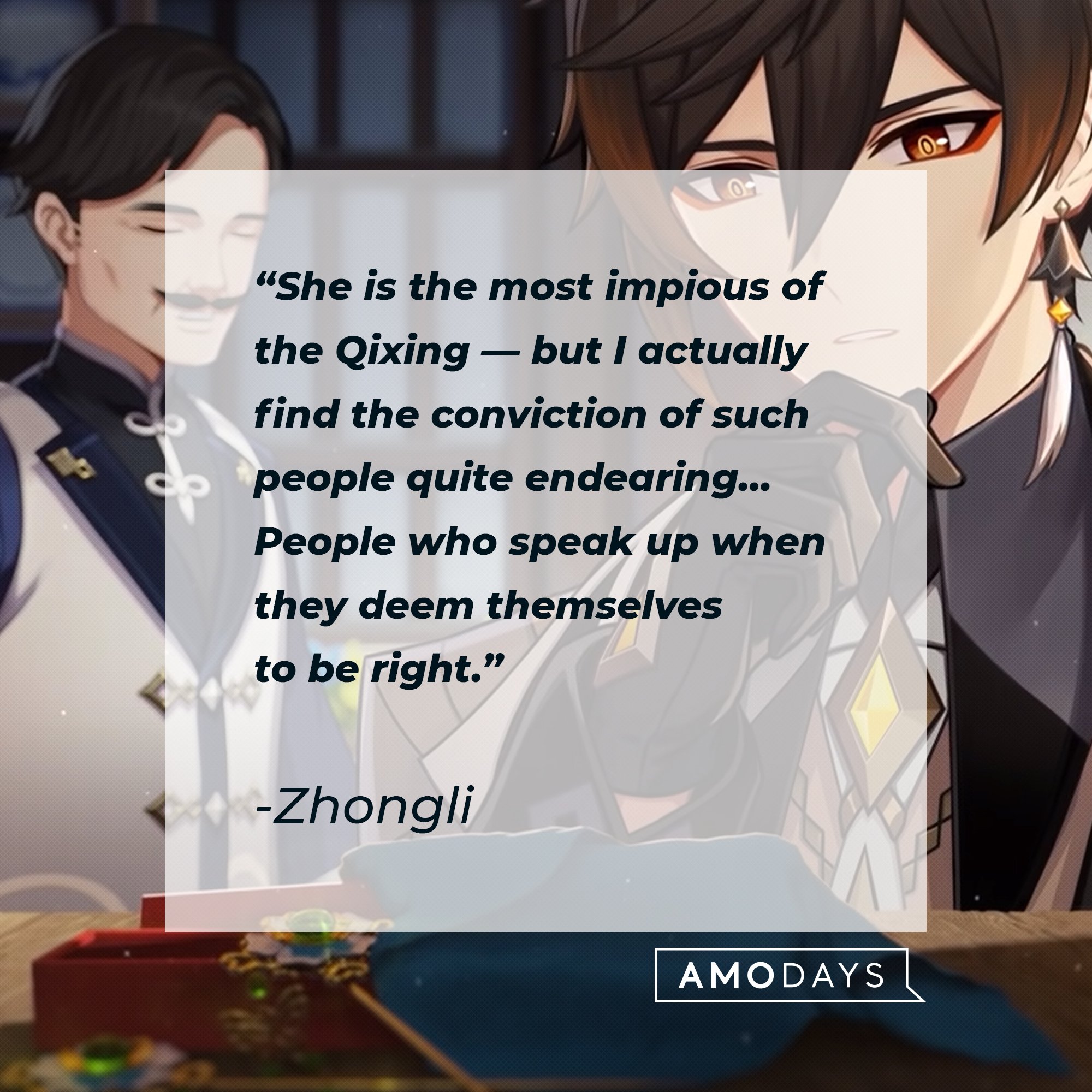 Zhongli’s quote: "She is the most impious of the Qixing — but I actually find the conviction of such people quite endearing…People who speak up when they deem themselves to be right." | Image: AmoDays