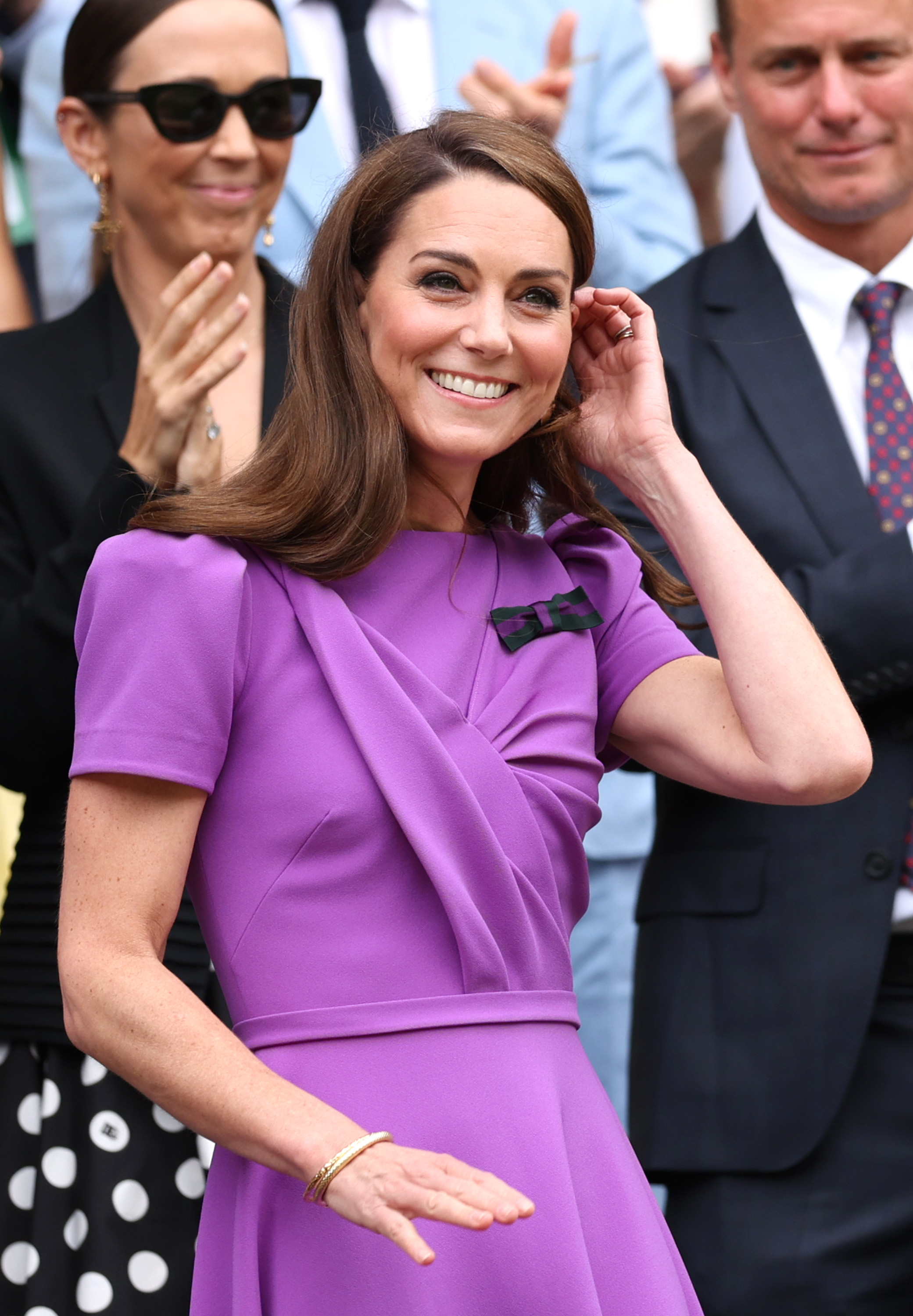 Kate Middleton smiles in the Royal Box at the All England Lawn Tennis and Croquet Club on July 14, 2024, in London, England. | Source: Getty Images