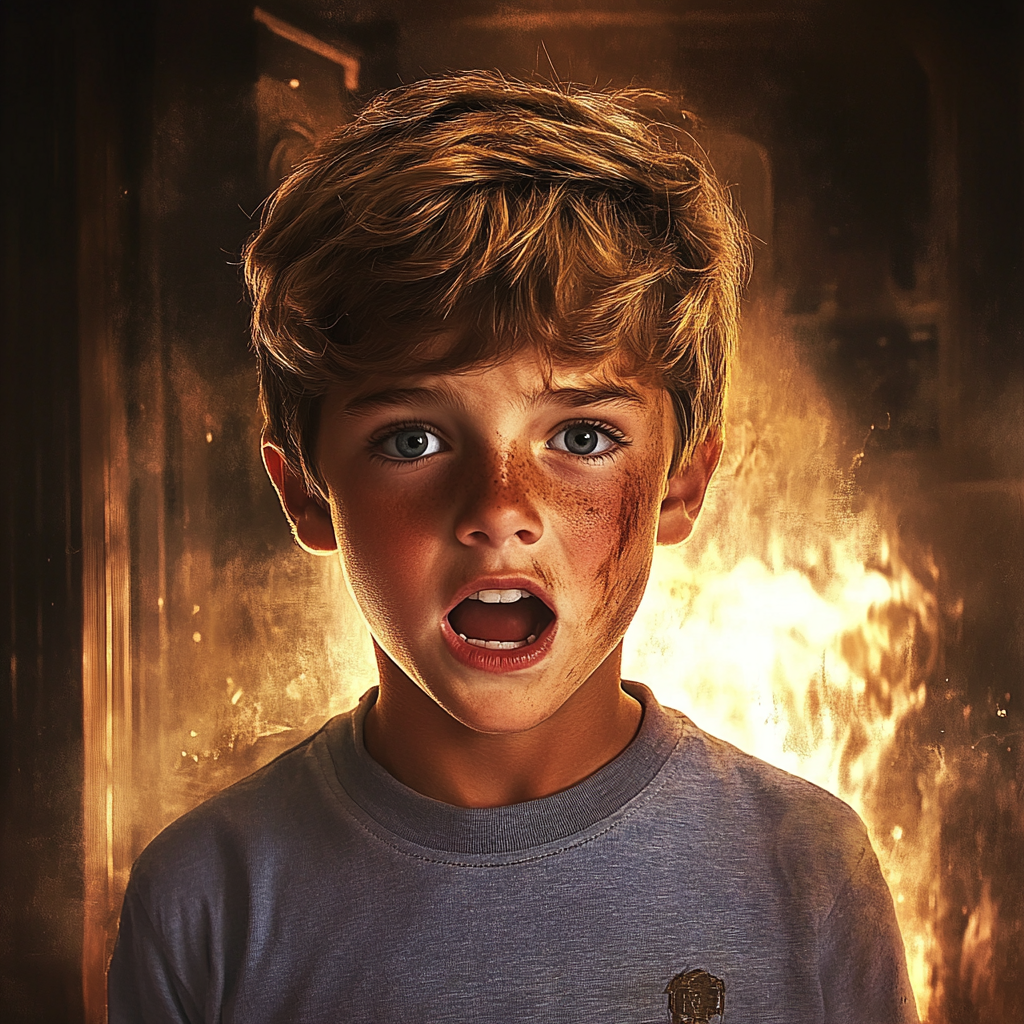 A boy screaming in a burning house | Source: Midjourney