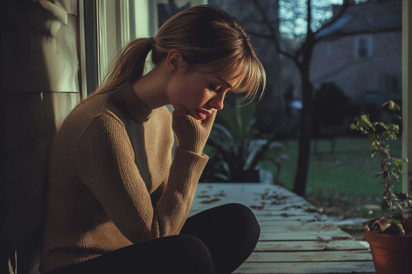 A woman crying on her porch | Source: Midjourney