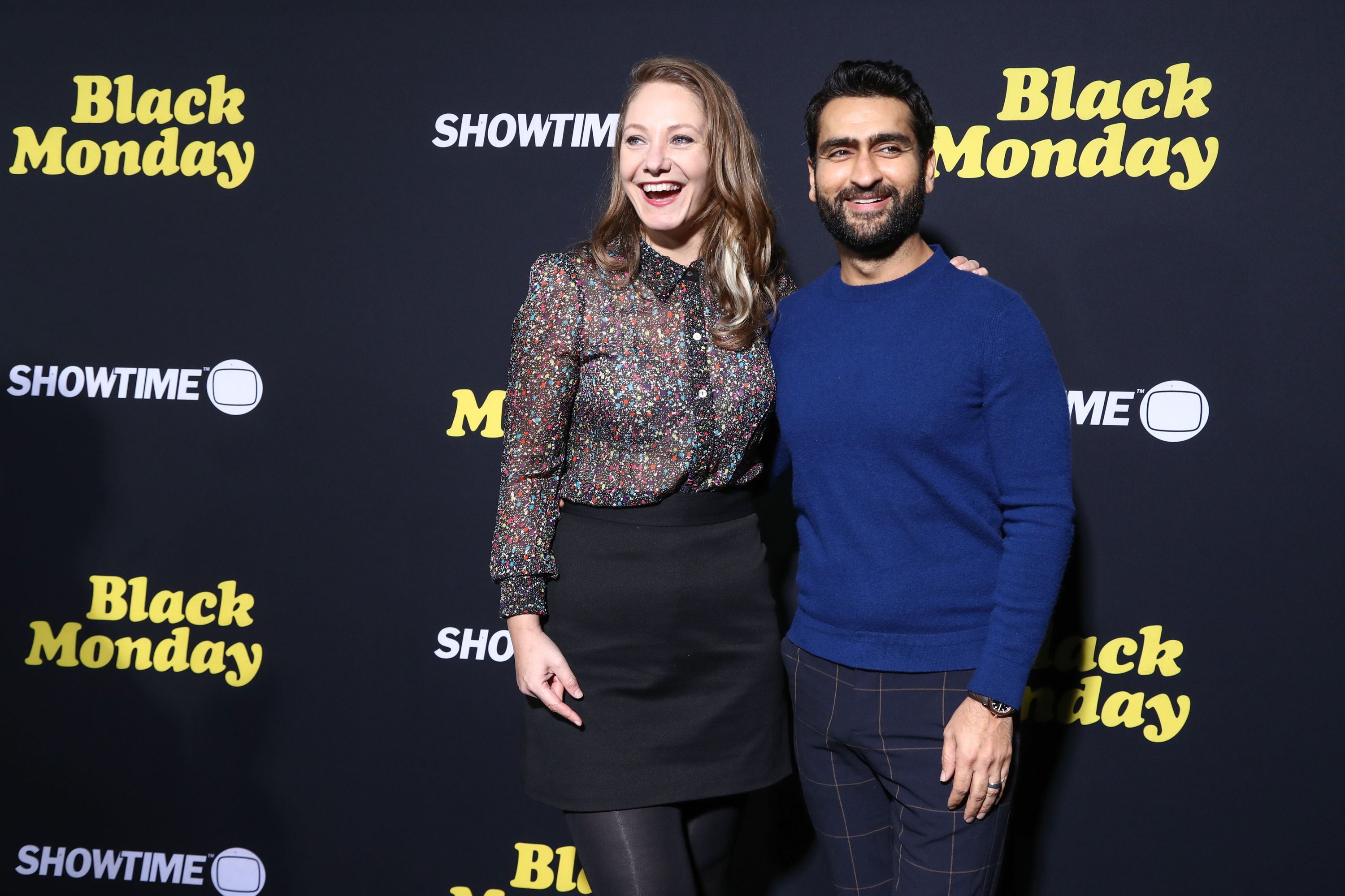 Emily V. Gordon and Kumail Nanjiani at the premiere of Showtime's "Black Monday" in January  2019 in Los Angeles | Source: Getty Images