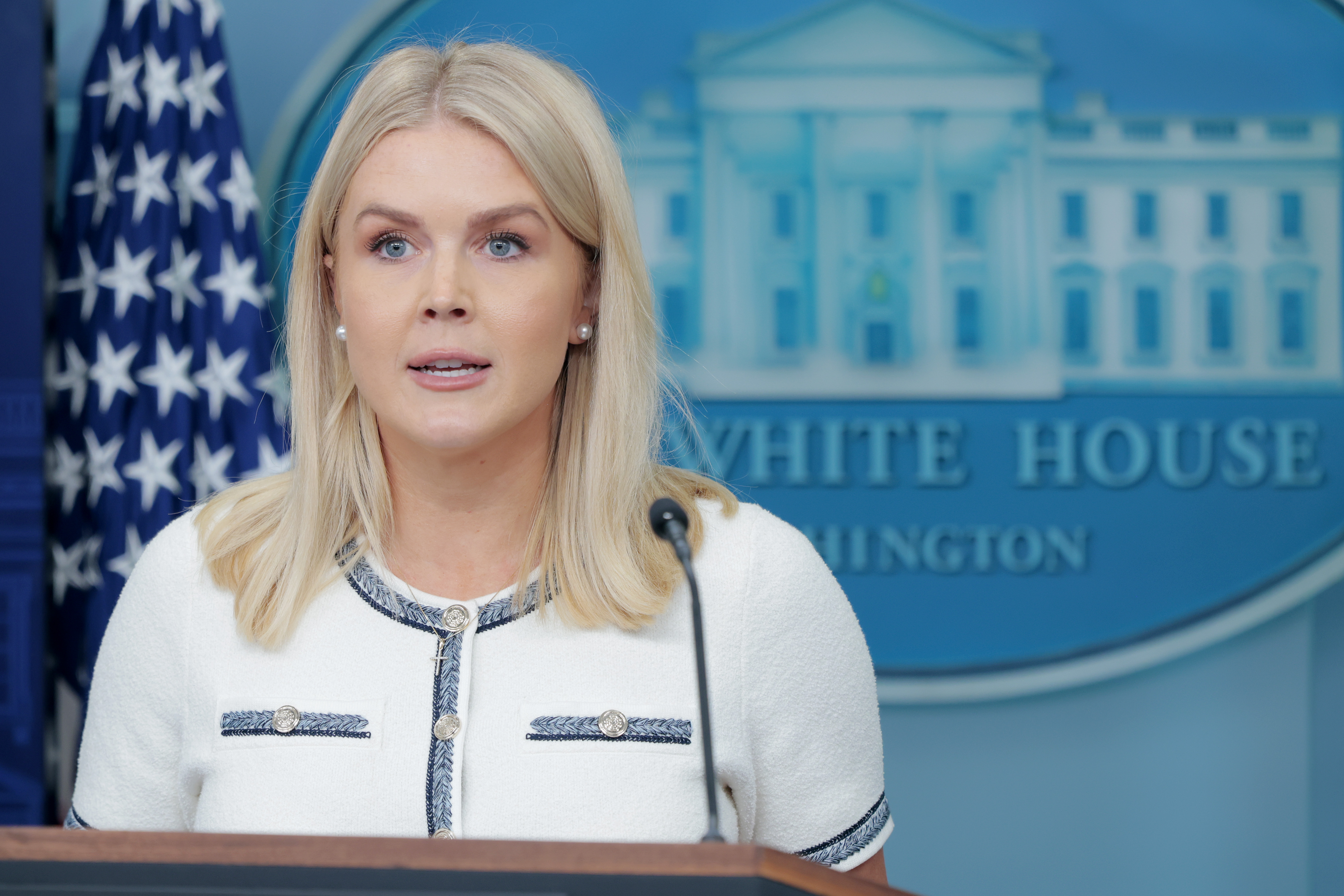 White House Press Secretary Karoline Leavitt speaks during a press briefing at the White House on July 17, 2025 in Washington, DC. | Source: Getty Images