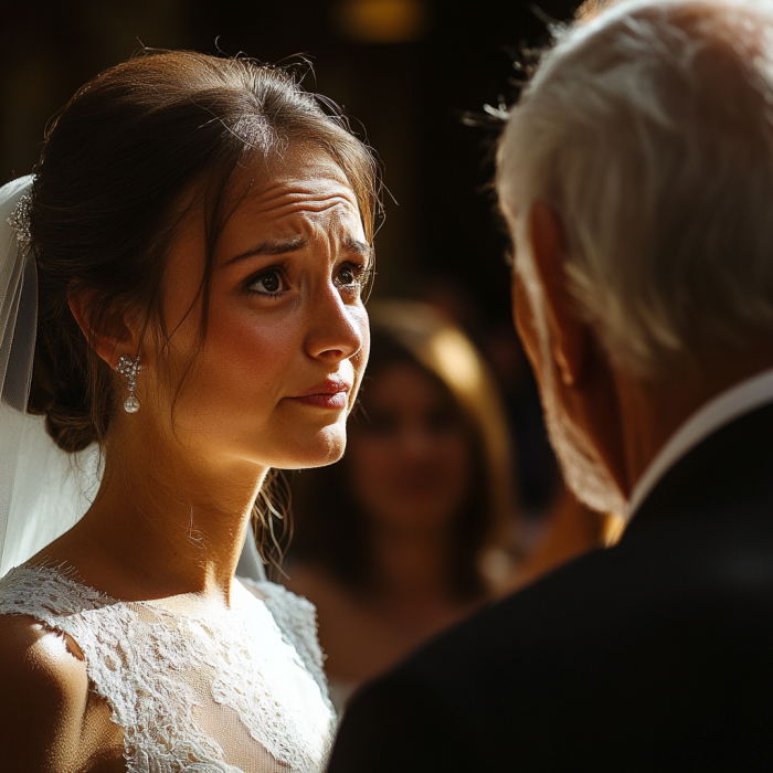 A concerned-looking bride talking to an older man | Source: Midjourney