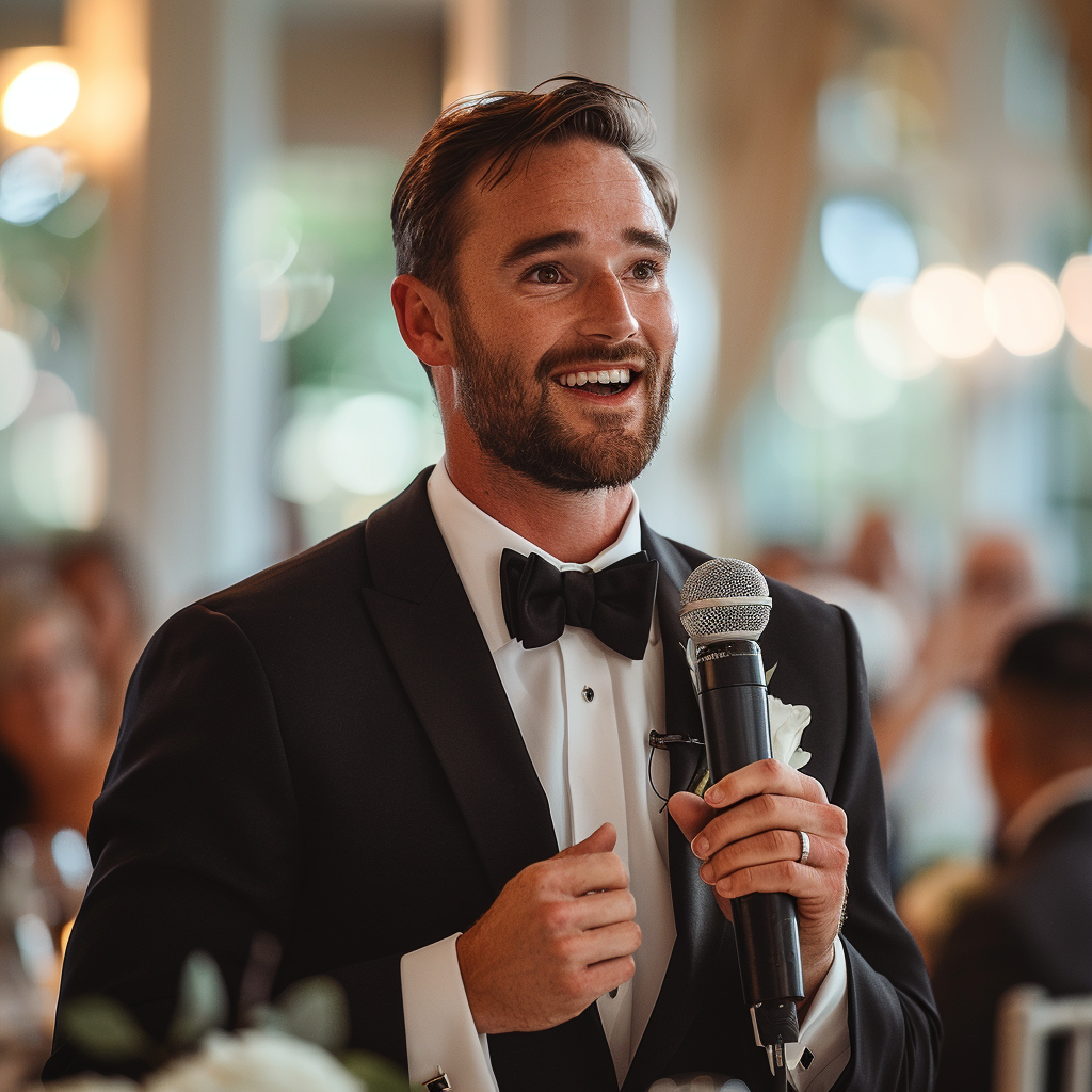 A groom talking on the mic | Source: Midjourney