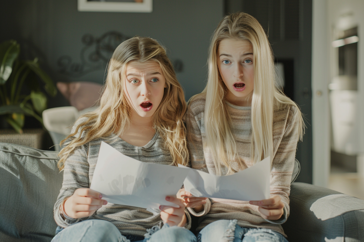 Twin sisters looking shocked while reading letters | Source: MidJourney