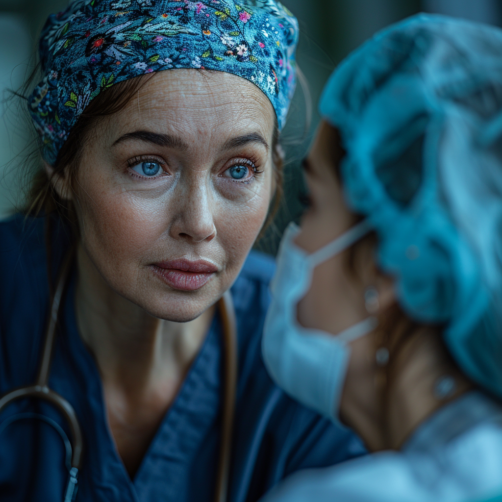 A serious nurse talks to her patient | Source: Midjourney