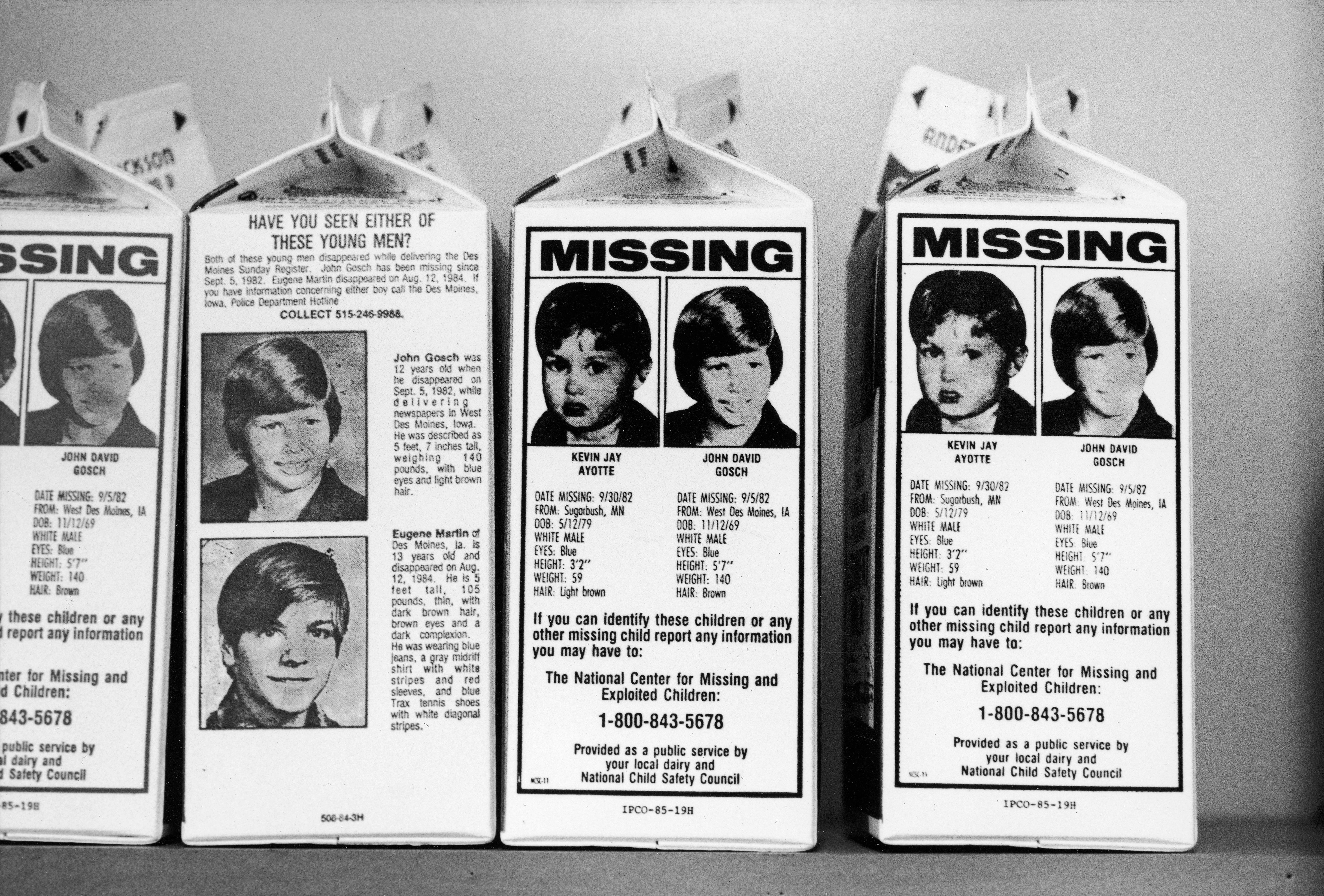 Milk cartons with portraits of missing children Johnny Gosch, Kevin Ayotte & Eugene Martin | Source| Getty Images 