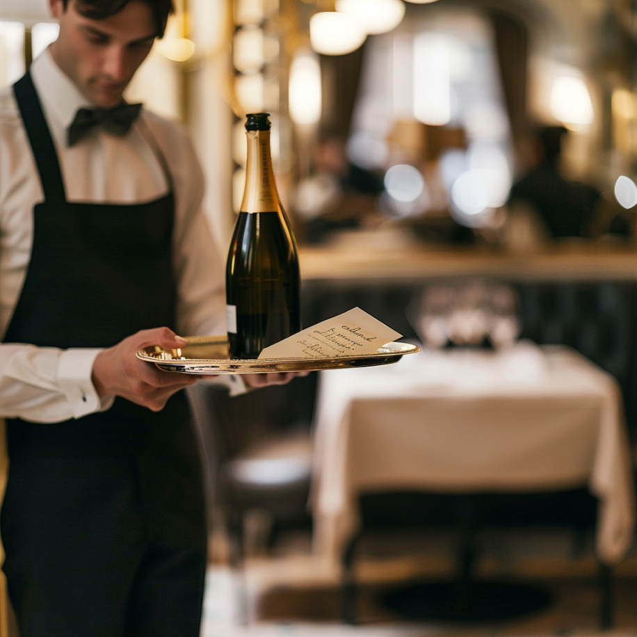 A waiter carrying a bottle of champagne and a small note in a tray in a restaurant | Source: Midjourney