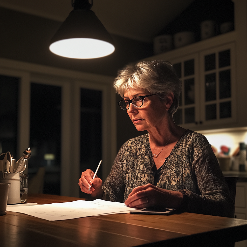 A woman sitting at a table | Source: Midjourney