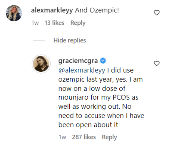 A fan's comment on Gracie McGraw's Instagram pictures and her response on May 26, 2023 | Source: Instagram/graciemcgra