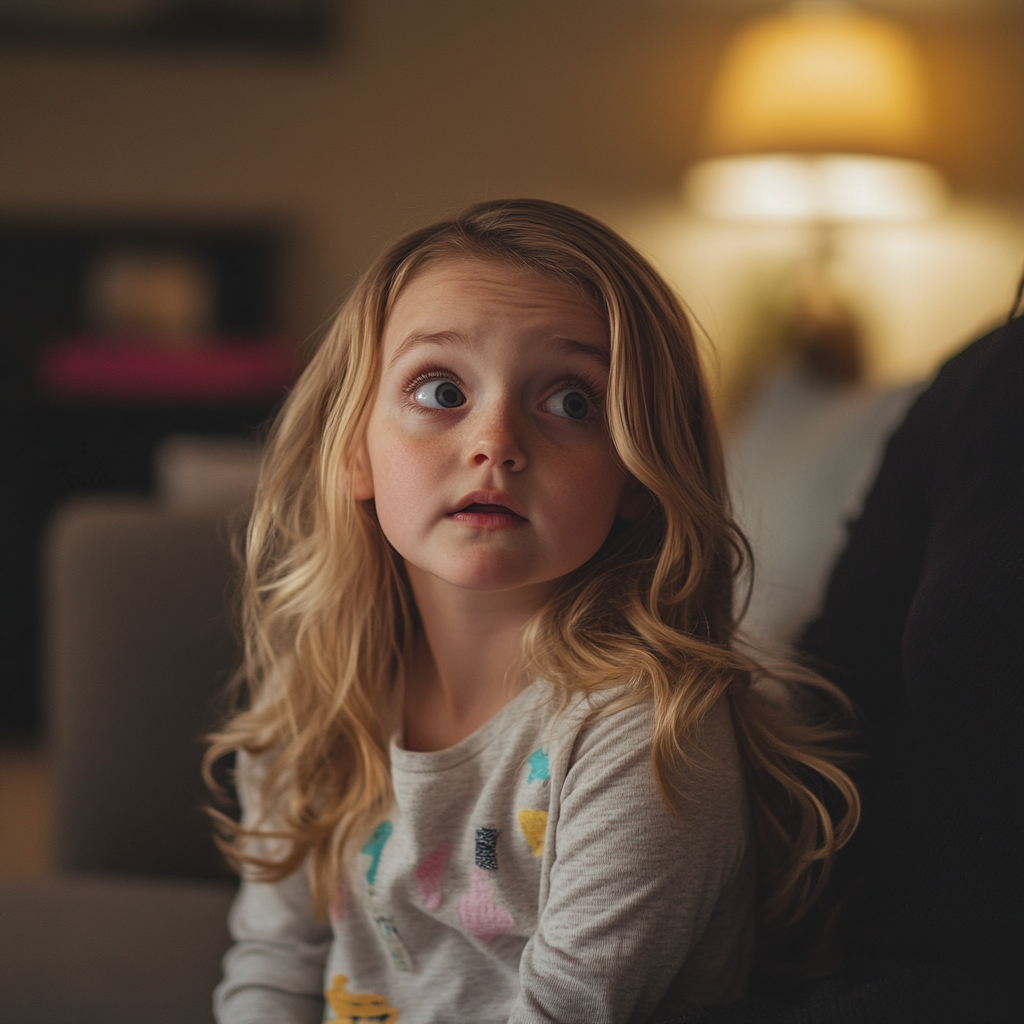 A little girl appears concerned and worried while sitting in her living room | Source: Midjourney