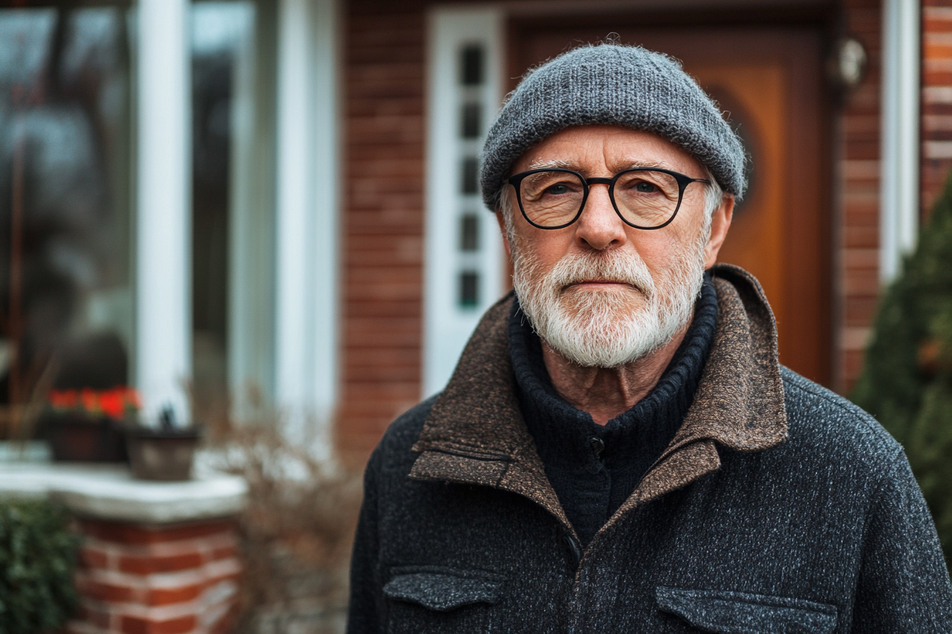 An older man standing outside his house | Source: Midjourney