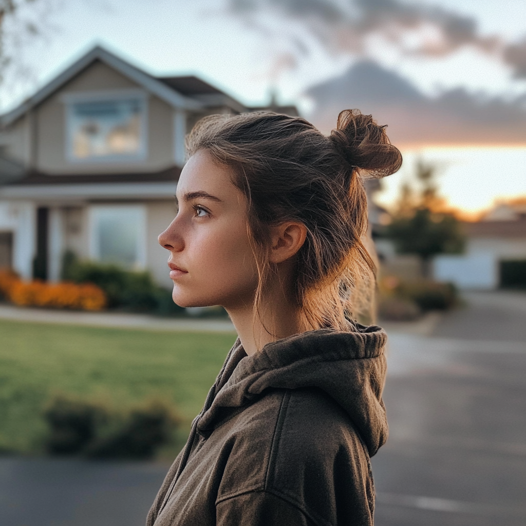 A thoughtful woman in front of her house | Source: Midjourney