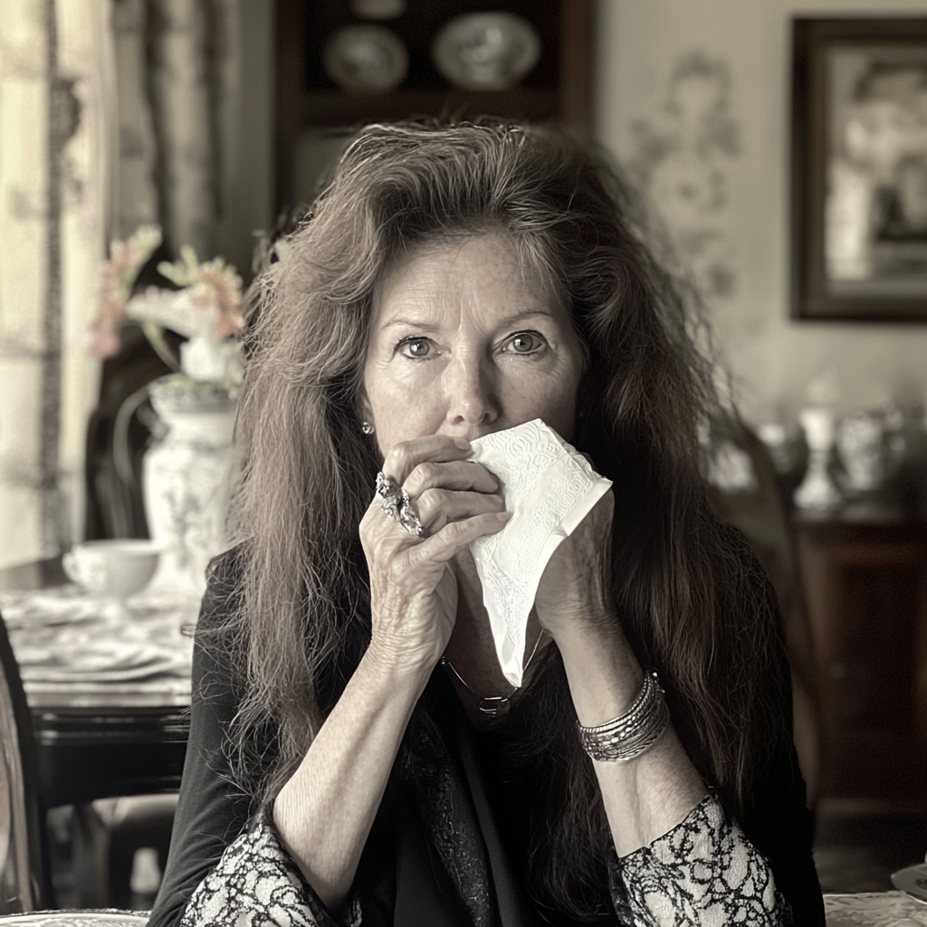 A woman holding napkin to her mouth | Source: Midjourney