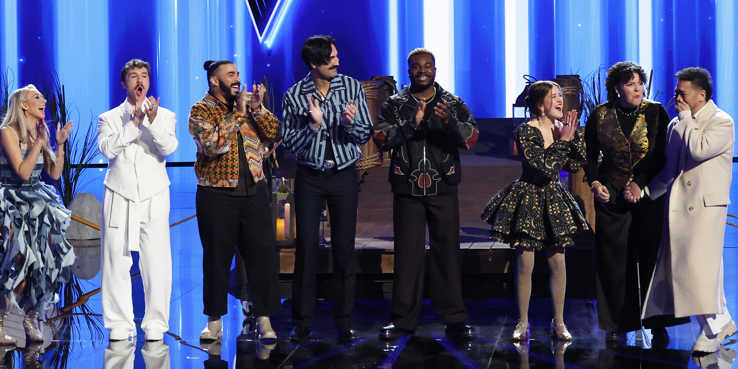 Christina Eagle, Jeremy Beloate, Adam Bohanan, Danny Joseph, Jan Dan, Sydney Sterlace, Shye, and Sofronio Vasquez on "The Voice" | Source: Getty Images