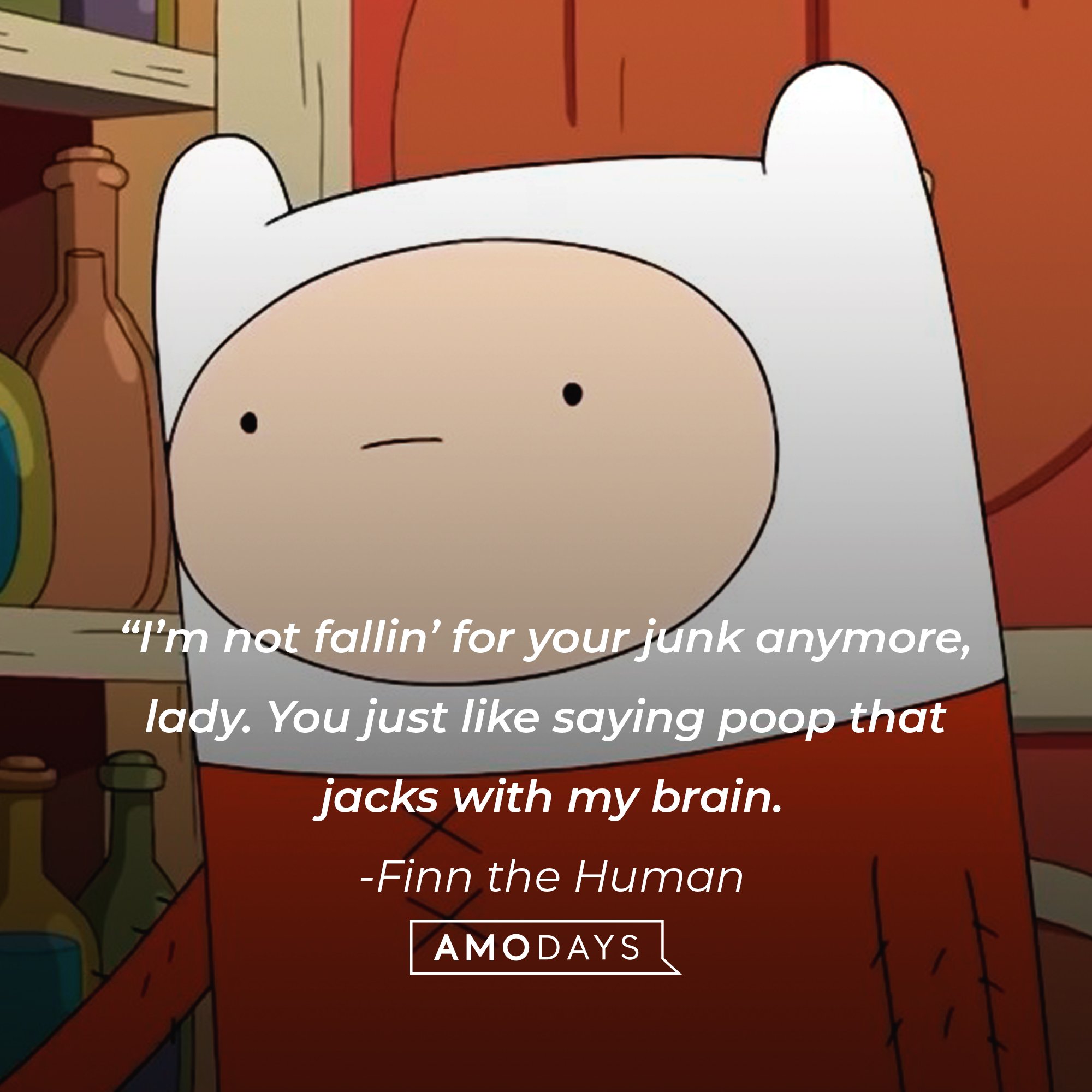    Finn the Human’s quote: "I’m not fallin’ for your junk anymore, lady. You just like saying poop that jacks with my brain.”  | Image: AmoDays