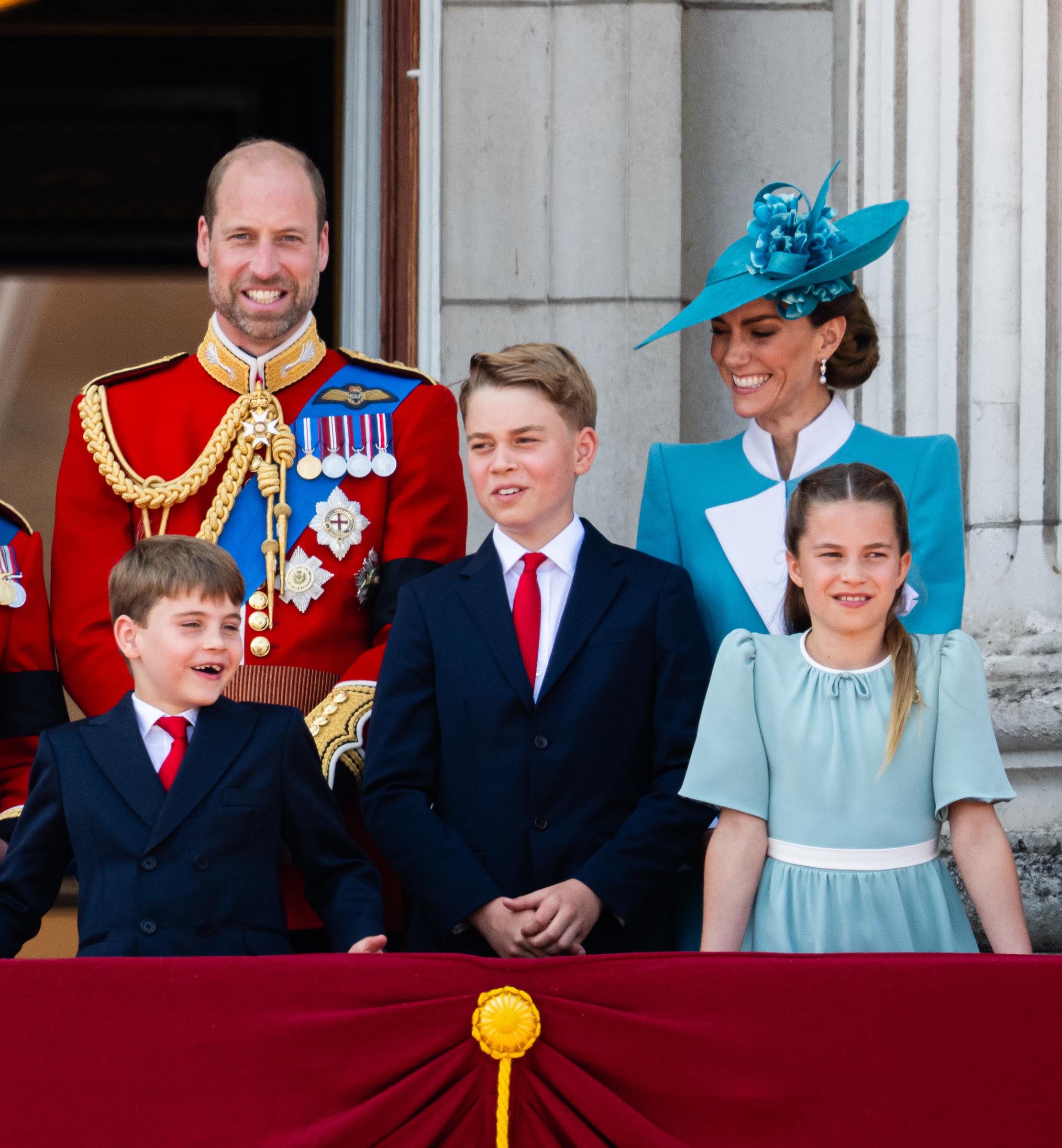 Prince Louis, Prince William, Prince George, Princess Catherine, and Princess Charlotte of Wales during Trooping the Colour on June 14, 2025 in London, England | Source: Getty Images