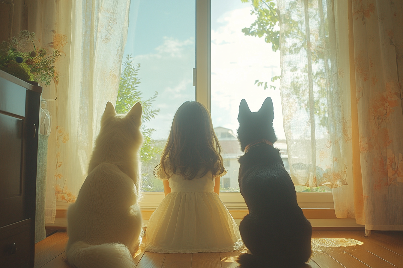 A girl sitting with two dogs | Source: Midjourney