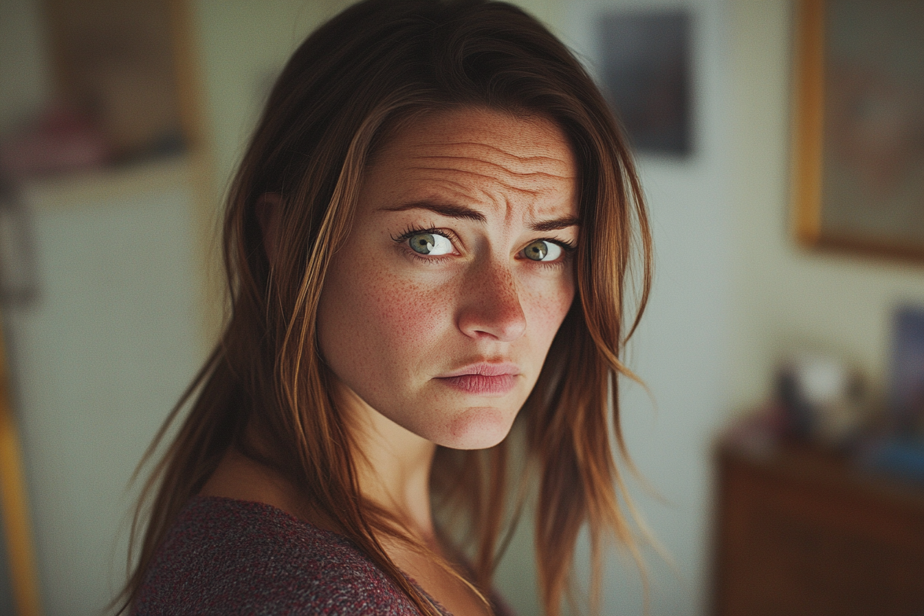 An upset woman looking straight ahead | Source: Midjourney