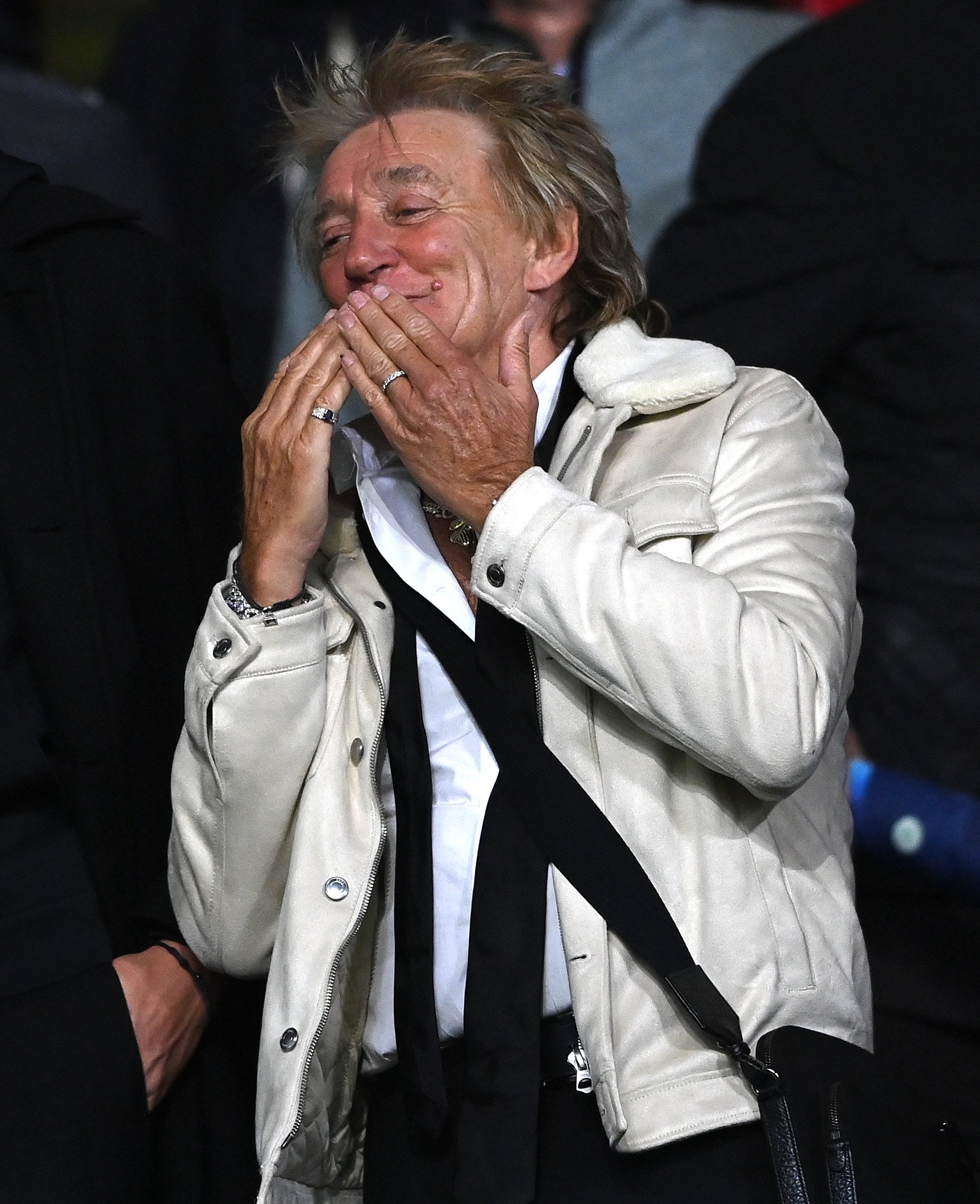 Rod Stewart blows a kiss during the UEFA Champions League group F match between Celtic FC and RB Leipzig at Celtic Park on October 11, 2022 in Glasgow, Scotland | Source: Getty Images 