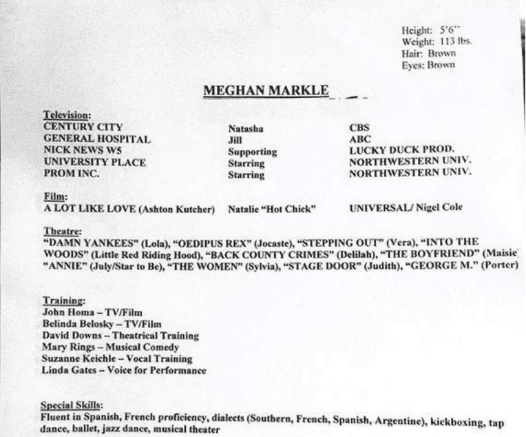 Le CV d'actrice de Meghan Markle | Photo : TMZ Le CV d'actrice de Meghan Markle | Photo : TMZ