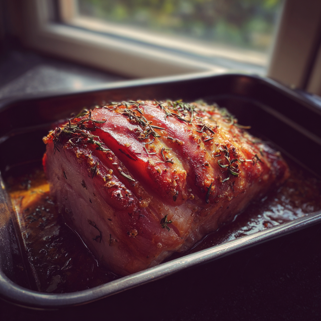 A roasted ham in an oven tray | Source: Midjourney