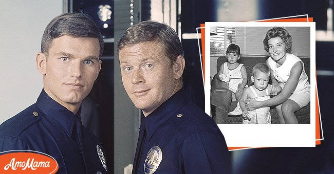 Martin Milner and Kent McCord co-stars of the hit 1970's TV show Adam 12 in a scene from the third season opener in 1970[left],  Mrs. Martin Milner, Molly, Stuart Milner travel with "Route 66" stars around U.S[right] | Source: Getty Images
