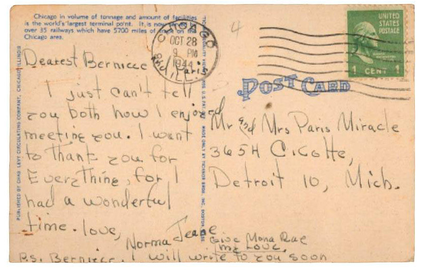 A postcard addressed to Bernice Miracle and her husband Paris Miracle, postmarked October 28, 1944 | Source: Getty Images