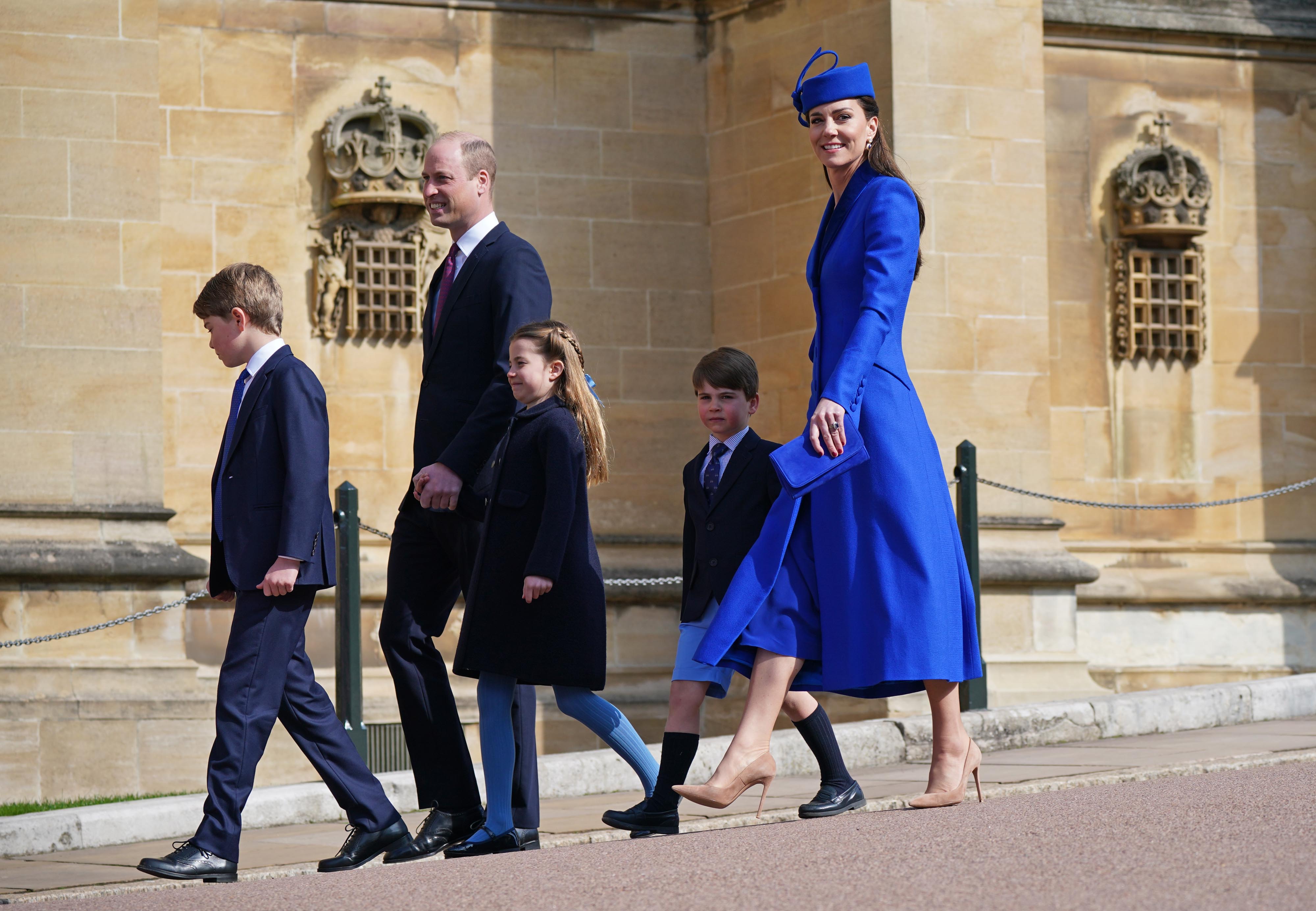Prince William and Princess Catherine with their children, Prince George, Princess Charlotte, and Prince Louis  during last year's Easter Sunday service at Windsor Castle on April 9, 2023 | Source: Getty Images