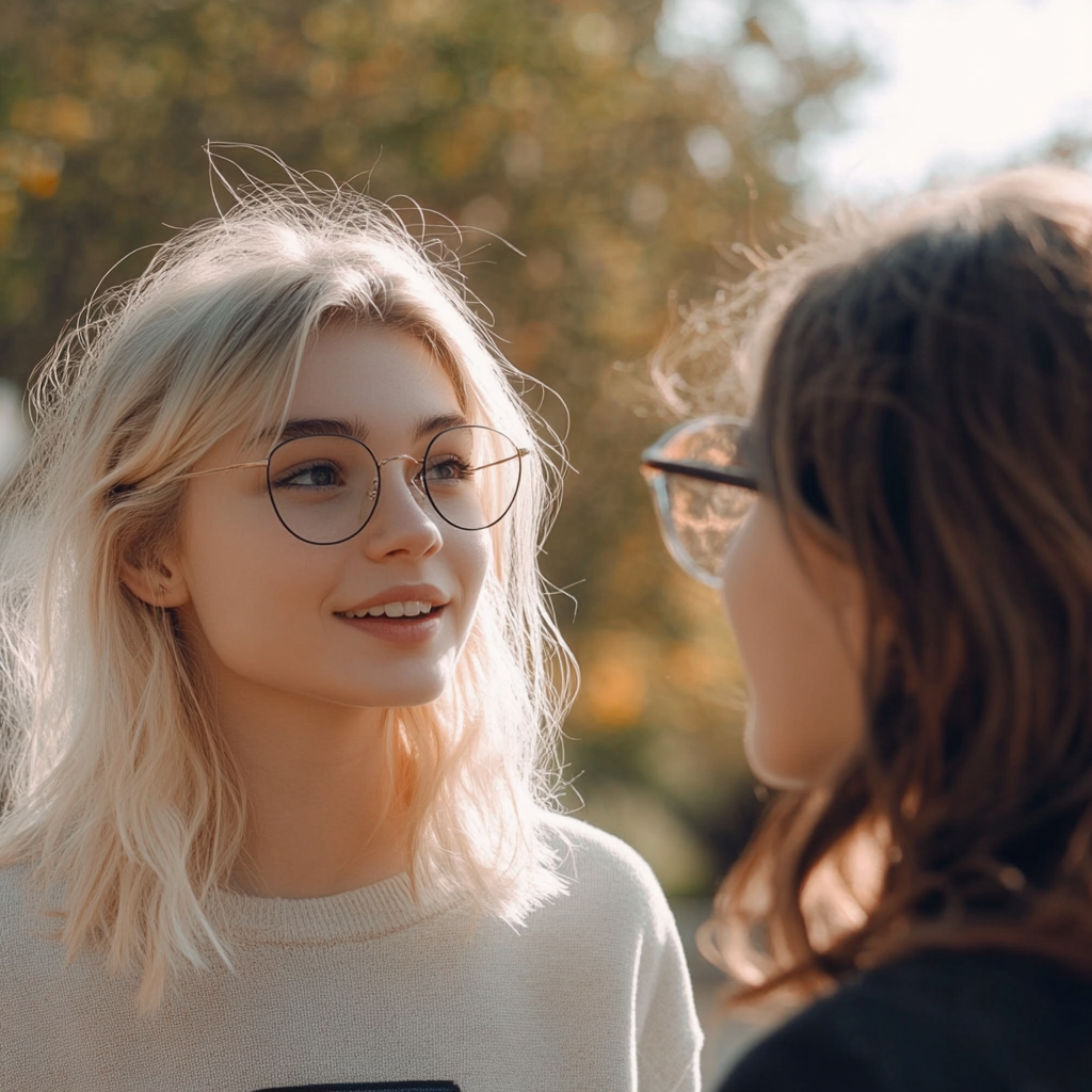 Happy Emily talking to Sara | Source: Midjourney