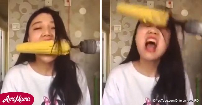 Girl gets creative eating corn on a drill, but instead loses a patch of hair (video)