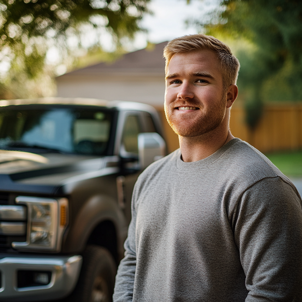 A man smiles while standing beside his truck | Source: Midjourney