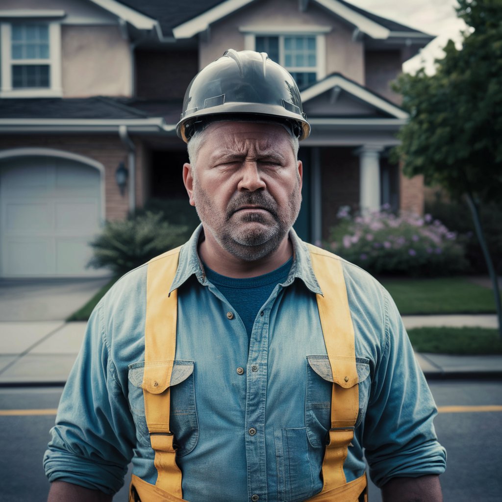 A man in construction get-up scowling fiercely | Source: Midjourney