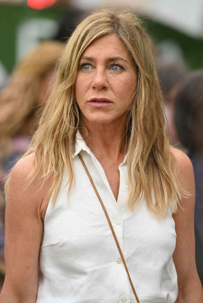 Aniston is shown with a serious expression while attending an event. This AI-produced image depicts the actress in a candid-style moment. | Source: Gemini