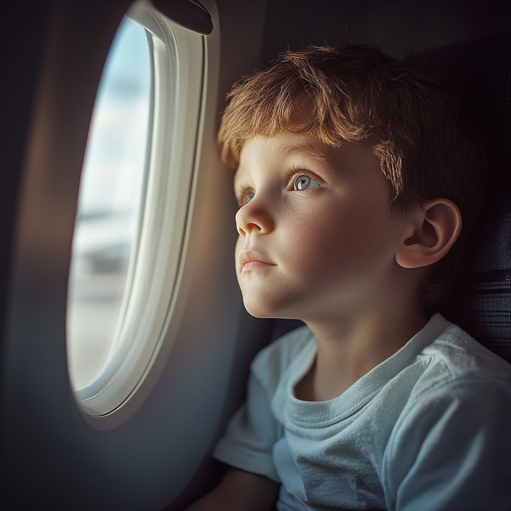 A little boy staring out a plane's window | Source: Midjourney