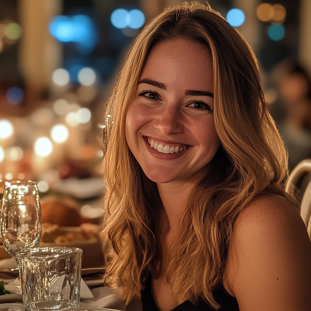 A smiling woman sitting at a table | Source: Midjourney