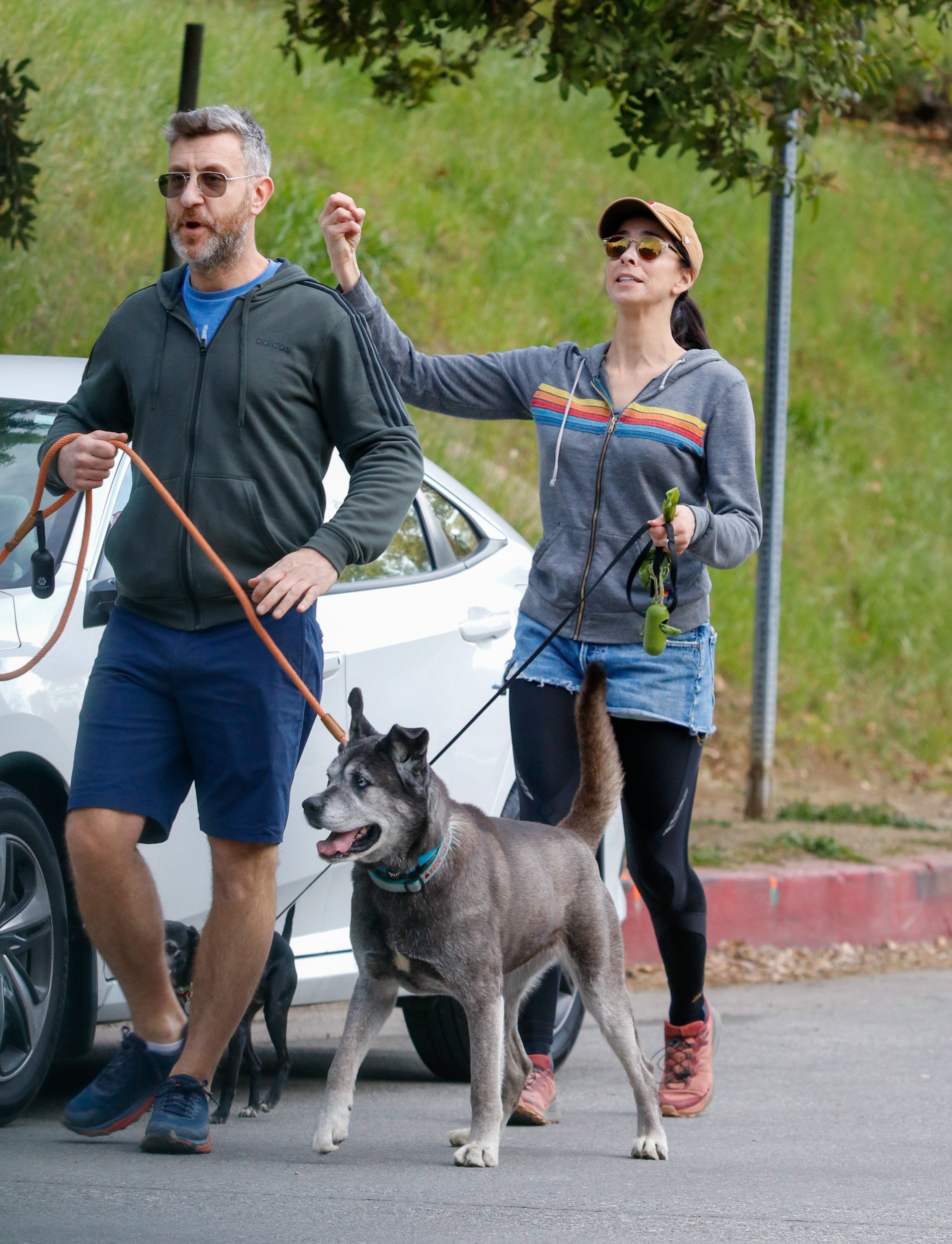 Rory Albanese and Sarah Silverman walking their dogs on the street on February 26, 2022, in Los Angeles, California. | Source: Getty Images