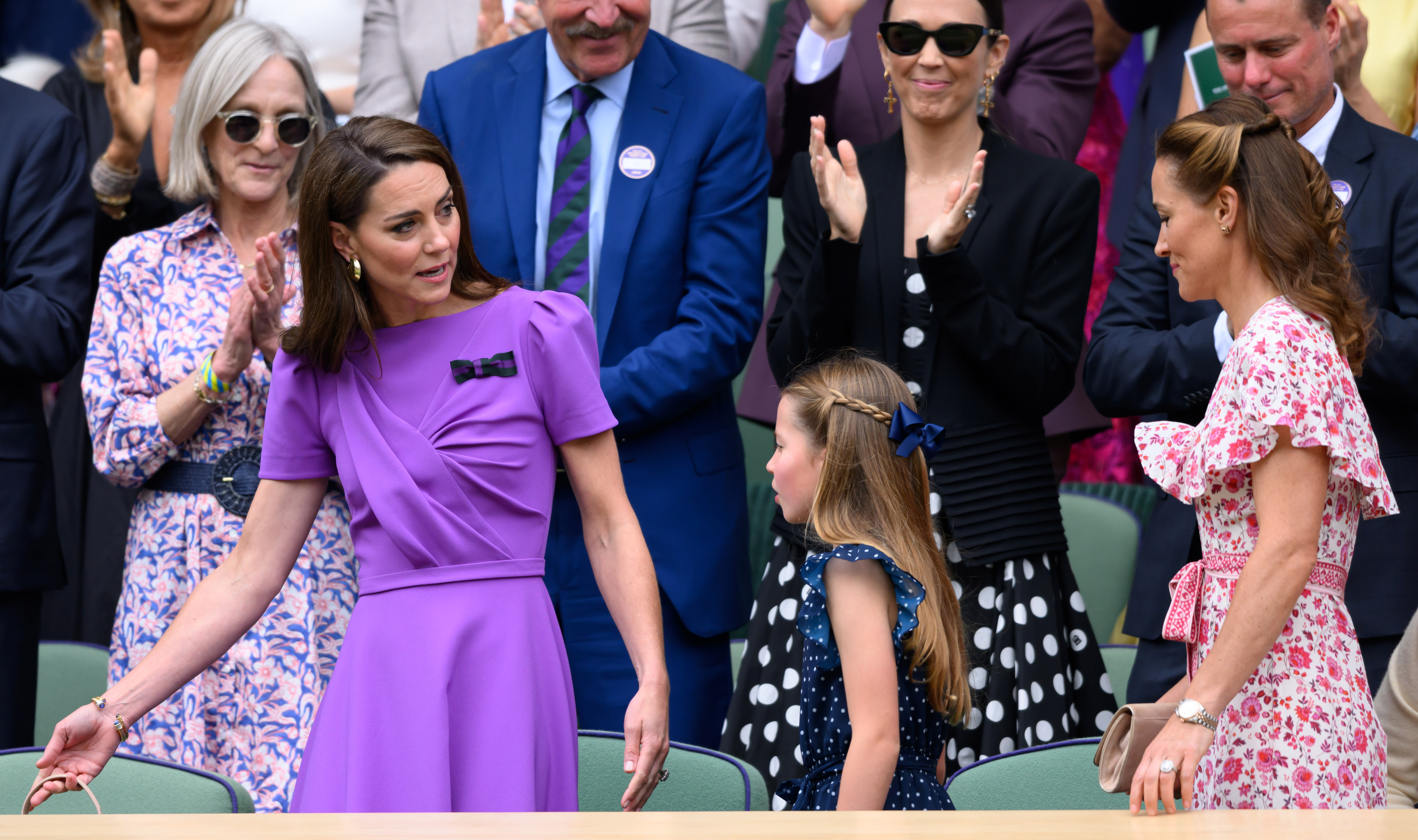 Kate Middleton, Princess Charlotte and Pippa Middleton court-side of Centre Court during the Wimbledon Tennis Championships on July 14, 2024, in London, England. | Source: Getty Images