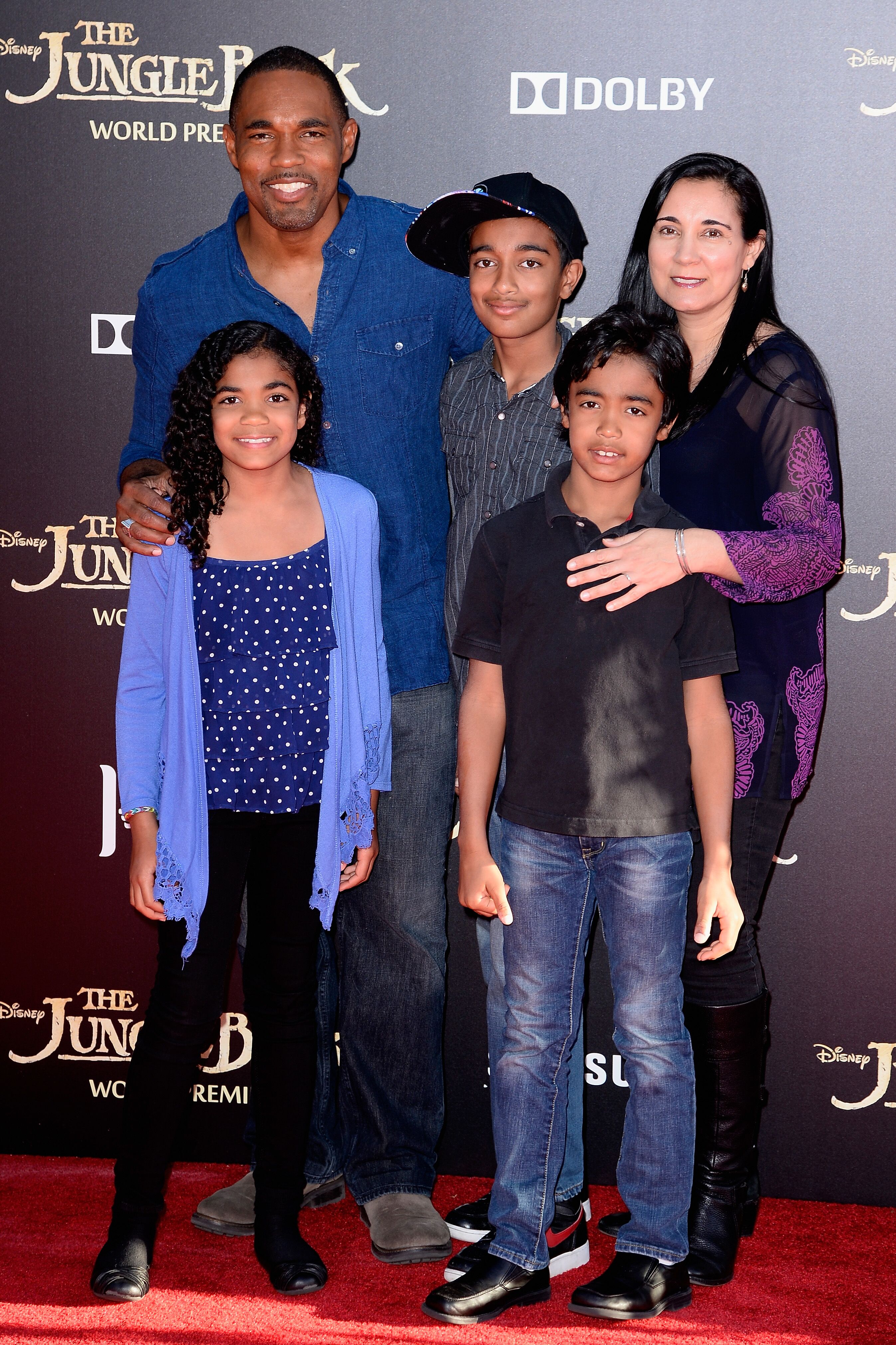 Jason George with wife Vandana Khanna and children Jasmine George, Arun George, Nikhil George, at the El Capitan Theatre on April 4, 2016 in Hollywood, California. | Source: Getty Images