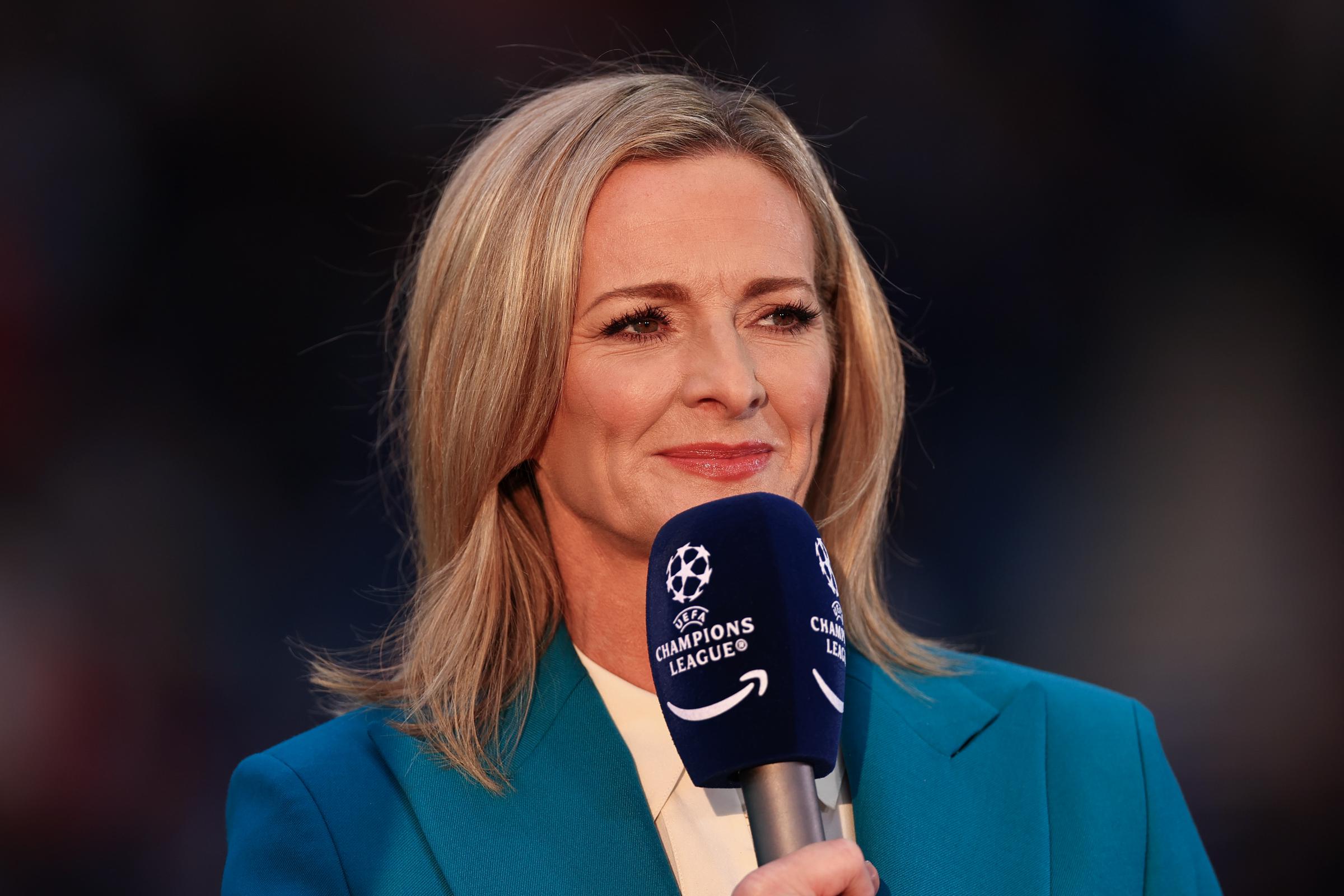 Gabby Logan presenting and reporting for Amazon Prime during the UEFA Champions League Play-offs Round First Leg match between Rangers and Club Brugge on August 19, 2025, in Glasgow, Scotland. | Source: Getty Images