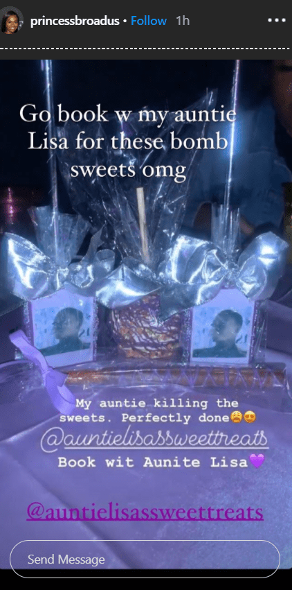 Cori Broadus showing off the customized sweet treats she received from her aunt Lisa during her "21 EP Release Party," on her Instagram Story. | Photo: Instagram/@princessbroadus