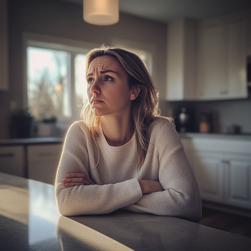 A worried woman sitting at a counter | Source: Midjourney