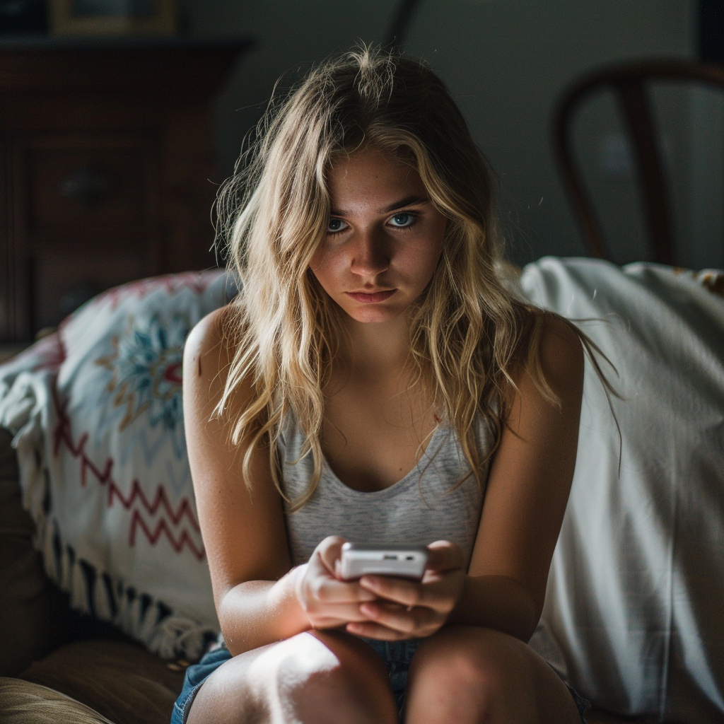 A woman feels apologetic while holding a phone in her hands | Source: Midjourney