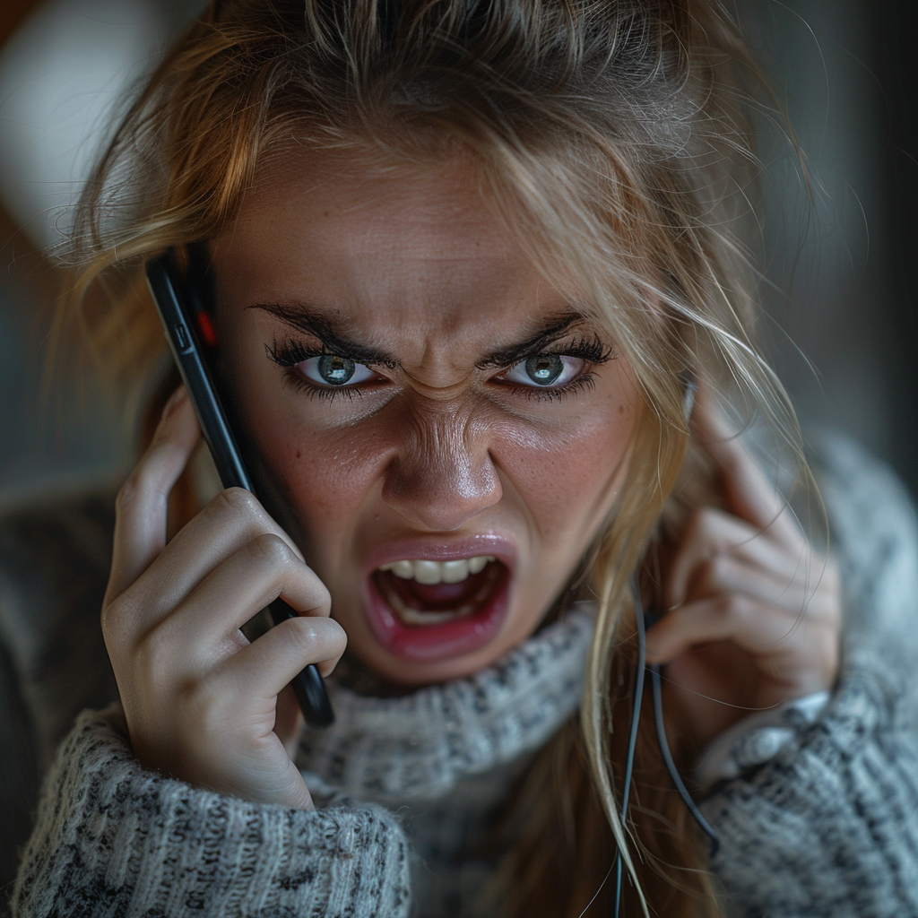 A woman screaming with anger while talking on her phone | Source: Midjourney