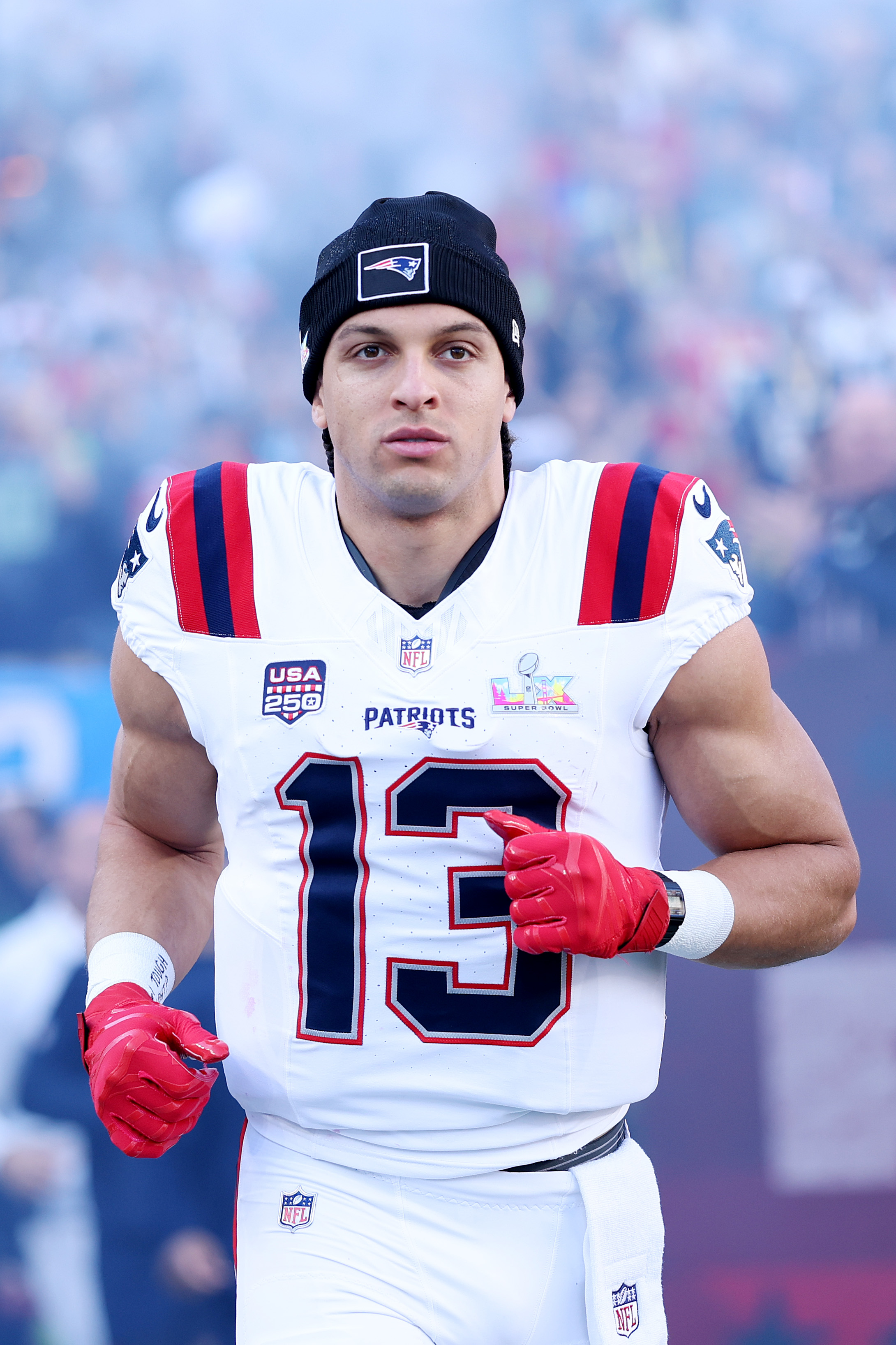 Mack Hollins before the  Super Bowl LX face-off between the New England Patriots and the Seattle Seahawks in Santa Clara, California on February 8, 2026. | Source: Getty Images